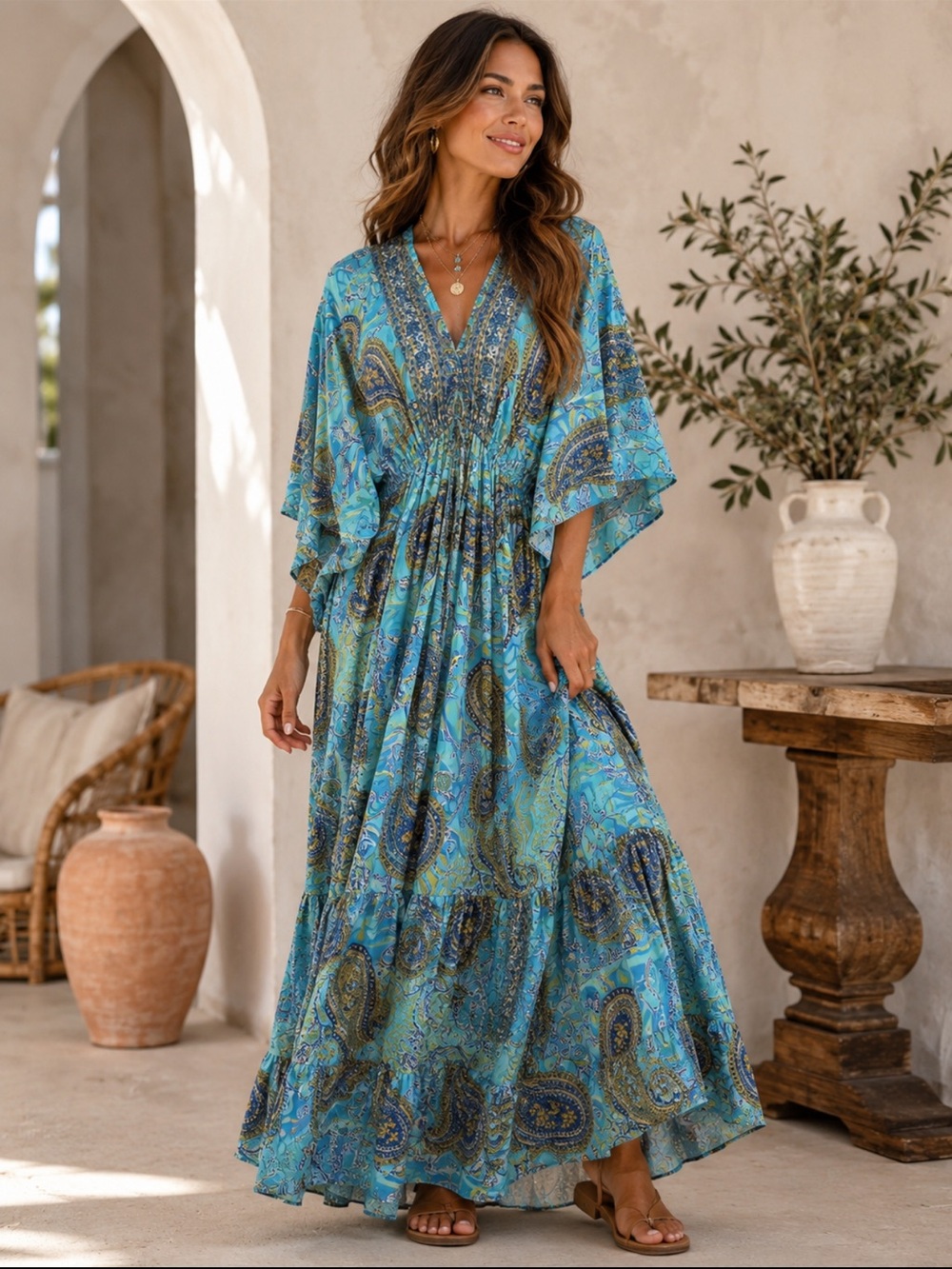 Boho V-Neck Blue Paisley Maxi Dress silk blend